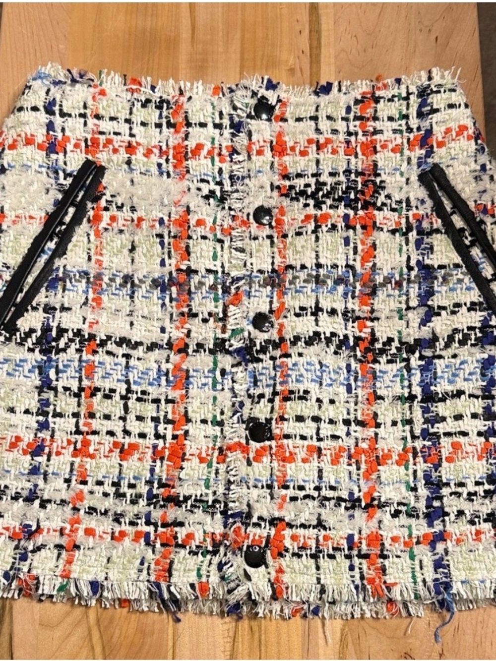 rag & bone Multicolor Tweed Fringed Button-front skirt in Cream, Orange & Blue